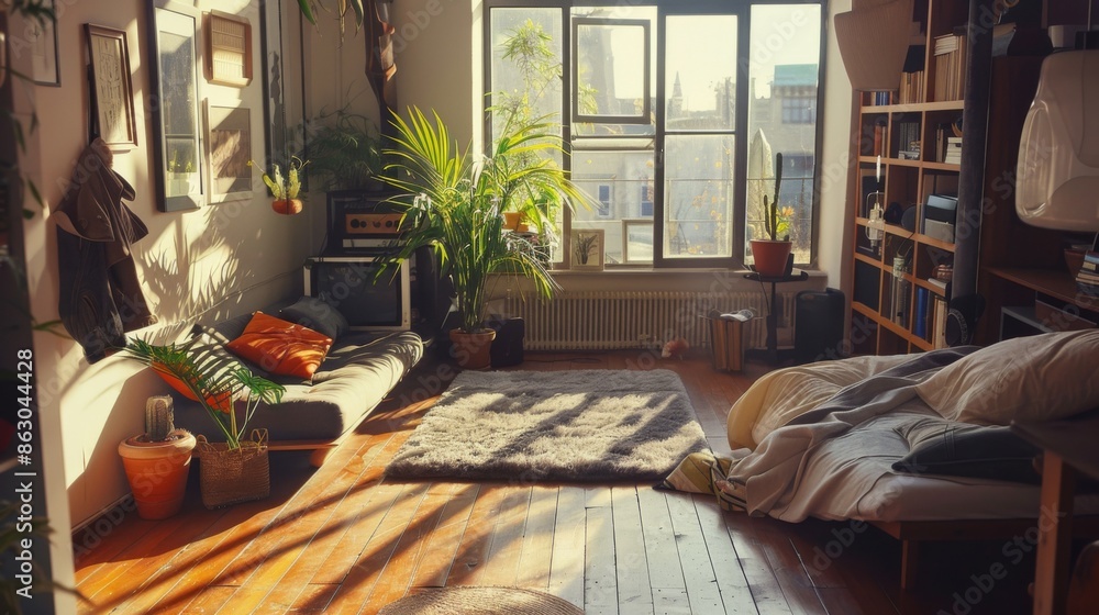 Stylish home studio interior with lounge zone, sleep and workspace near window Stylish home studio interior with lounge zone, sleep and workspace near window