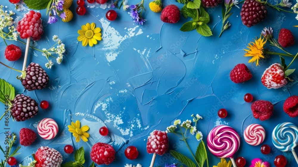 lollipops with flowers and berries on colorful background. Elder, violet, cornflower, raspberries, cranberries, wild strawberries. Multicolored mixed chocolate candies. Flat lay. copy space lollipops with flowers and berries on colorful background. Elder, violet, cornflower, raspberries, cranberries, wild strawberries. Multicolored mixed chocolate candies. Flat lay. copy space