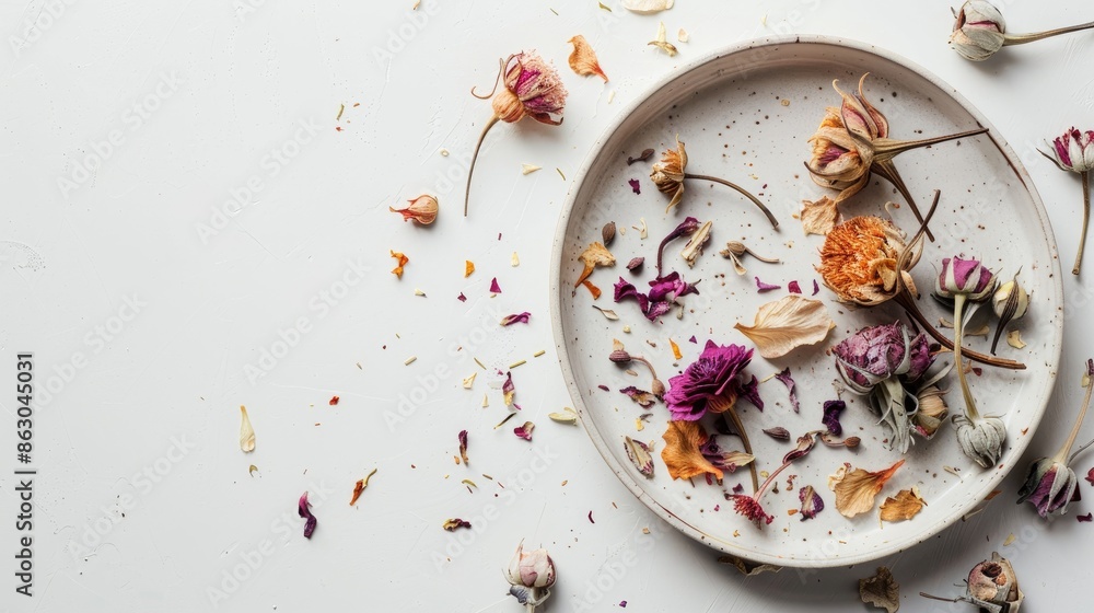 Dried flowers and plate on white backdrop Dried flowers and plate on white backdrop