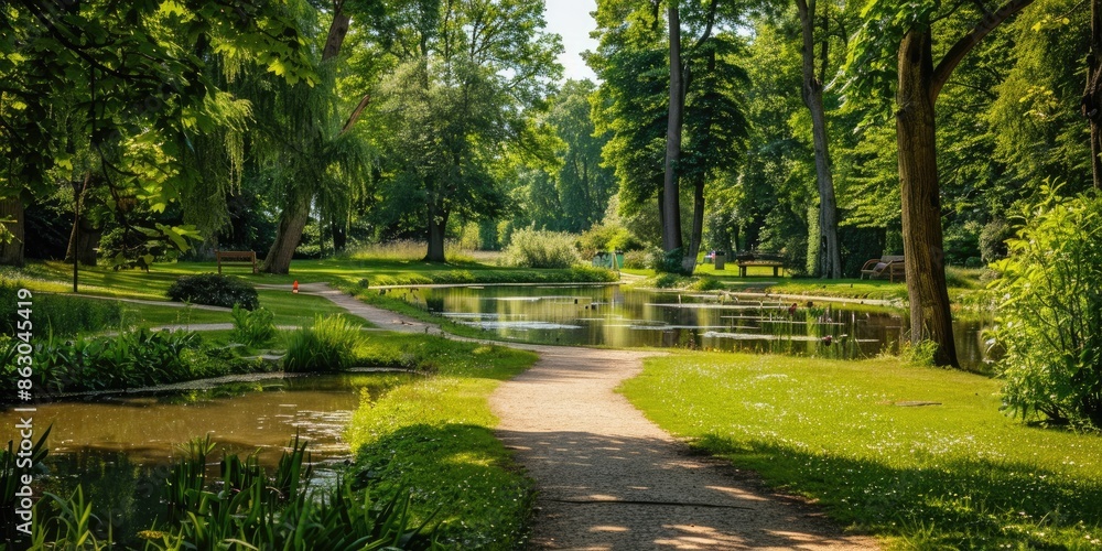 Naklejka premium A beautiful summer park with walking paths and pond