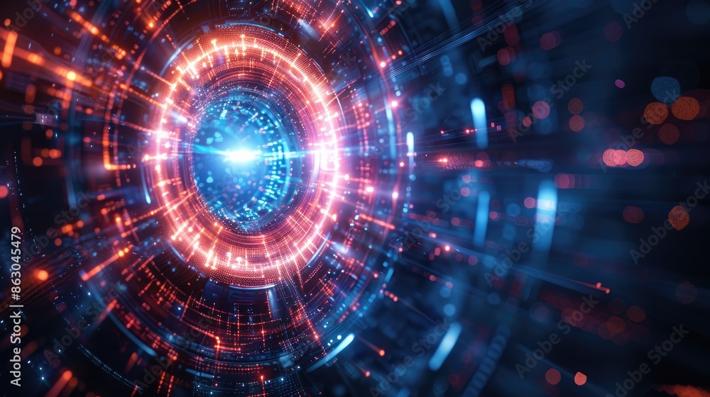 Futuristic glowing circular interface with vibrant light effects and dynamic patterns, representing advanced technology and digital innovation. Futuristic glowing circular interface with vibrant light effects and dynamic patterns, representing advanced technology and digital innovation.