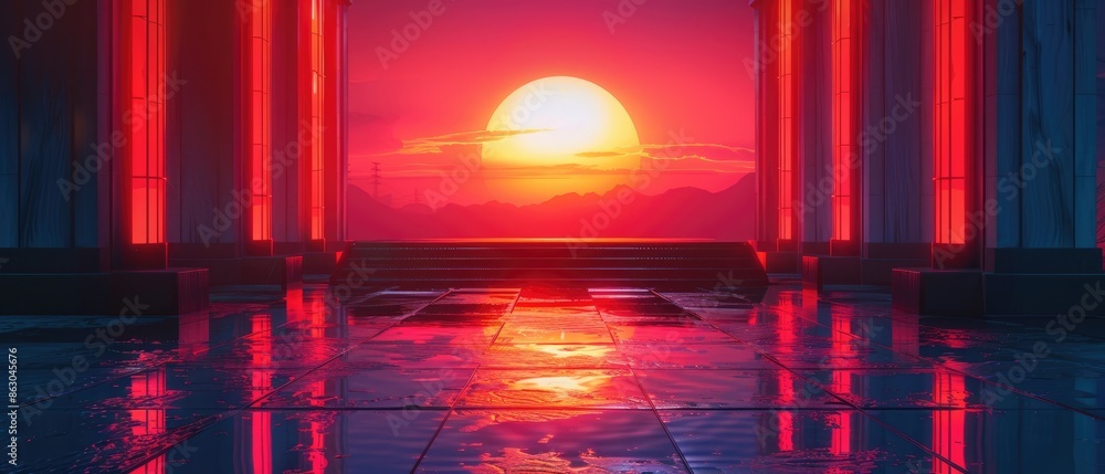 Futuristic neon-lit chamber with a vibrant sunset view, reflecting on the floor, creating a surreal and mysterious ambiance. Futuristic neon-lit chamber with a vibrant sunset view, reflecting on the floor, creating a surreal and mysterious ambiance.
