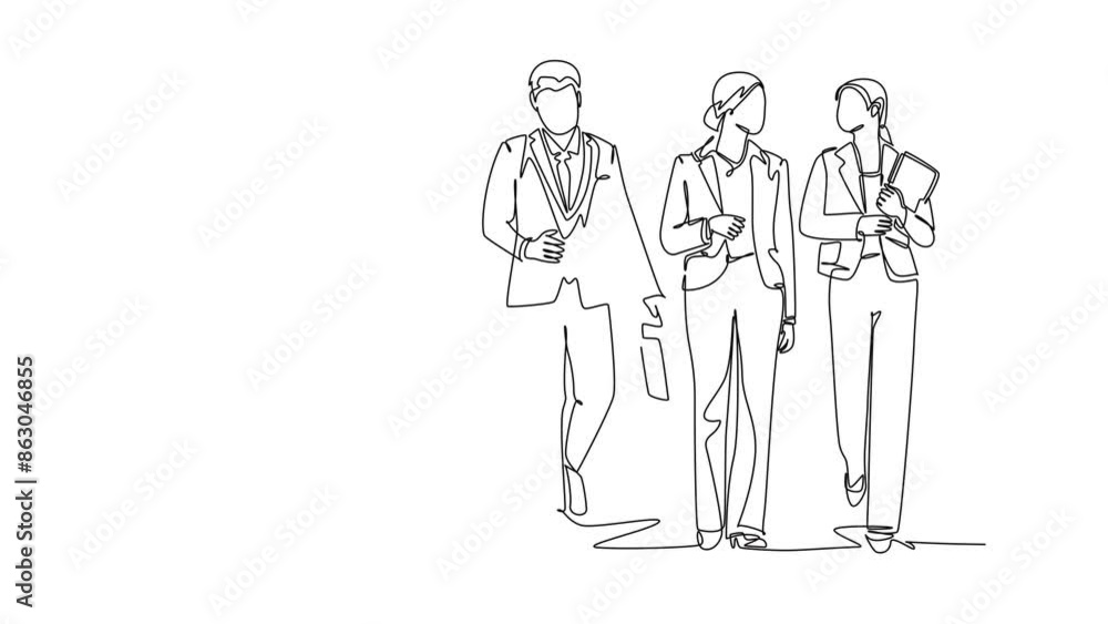 Self drawing animation of single line draw young businessman and businesswoman walking and talking together on office lobby. Urban commuter worker concept. Continuous line draw. Full length animated Self drawing animation of single line draw young businessman and businesswoman walking and talking together on office lobby. Urban commuter worker concept. Continuous line draw. Full length animated