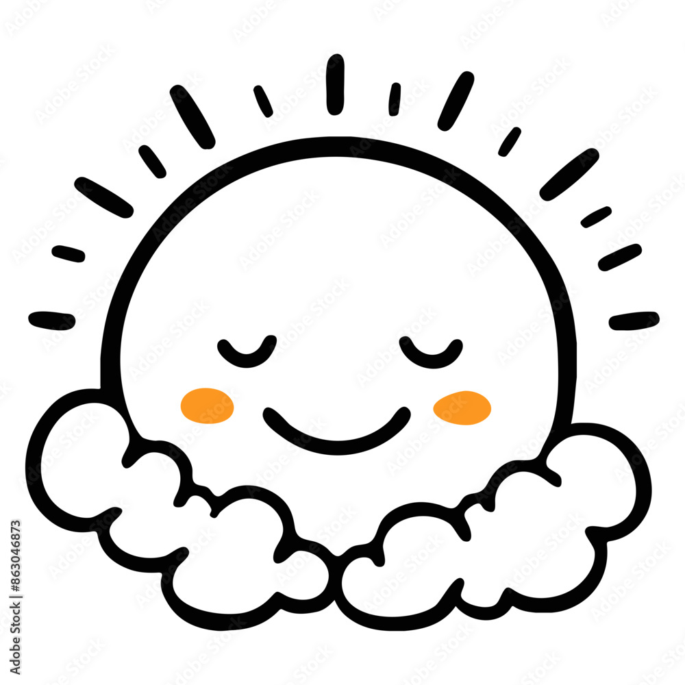 A smiling sun character with a simple black outline and orange cheeks A smiling sun character with a simple black outline and orange cheeks