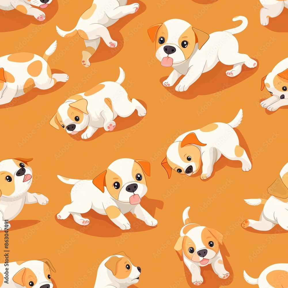 Obraz premium Cute dog seamless illustration with puppies in different action poses