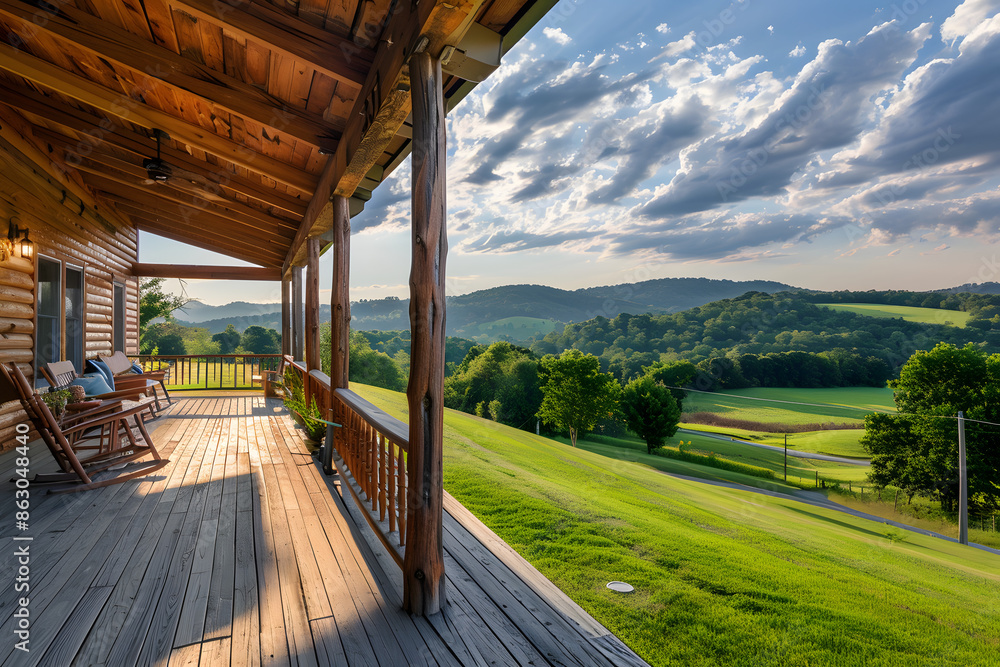 A rustic wooden porch offers scenic view of rolling green hills. Peaceful countryside setting is perfect for relaxation and enjoying the beauty of nature. Wooden chairs invite you to sit and unwind A rustic wooden porch offers scenic view of rolling green hills. Peaceful countryside setting is perfect for relaxation and enjoying the beauty of nature. Wooden chairs invite you to sit and unwind