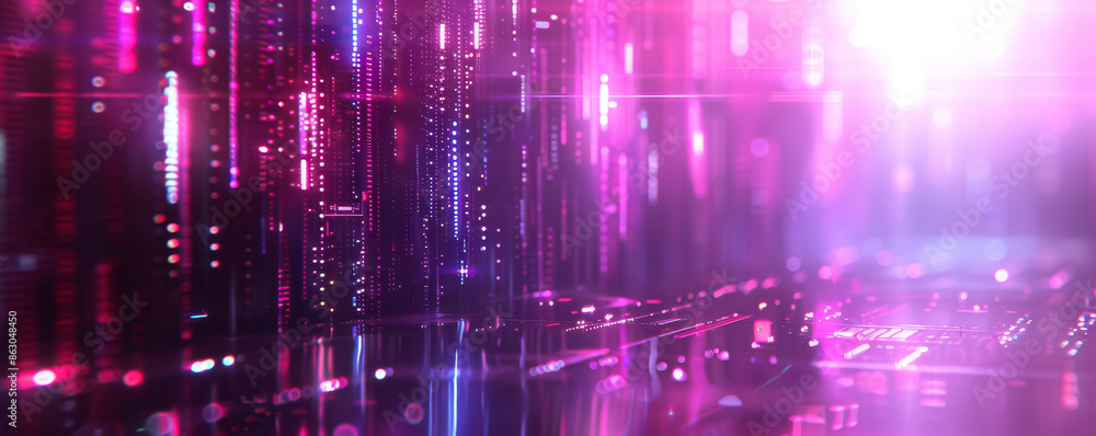 Neon light and data flow on futuristic cyberpunk digital background with holographic elements, computer chip, digital technology concept Neon light and data flow on futuristic cyberpunk digital background with holographic elements, computer chip, digital technology concept