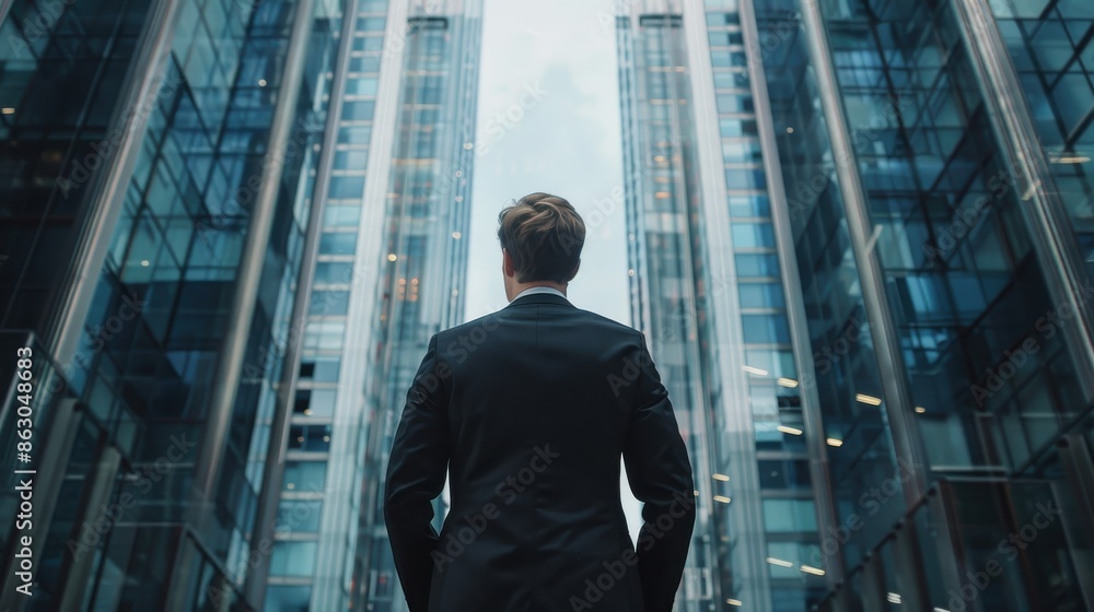 Male CEO in black suit, torso view, planning Arya expansion, highrise office backdrop, representing growth strategies, technology tone, vivid Male CEO in black suit, torso view, planning Arya expansion, highrise office backdrop, representing growth strategies, technology tone, vivid