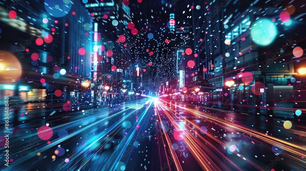 A city street illuminated by vibrant neon lights against a starry night sky, with abstract digital elements adding a touch of modernity. A city street illuminated by vibrant neon lights against a starry night sky, with abstract digital elements adding a touch of modernity.