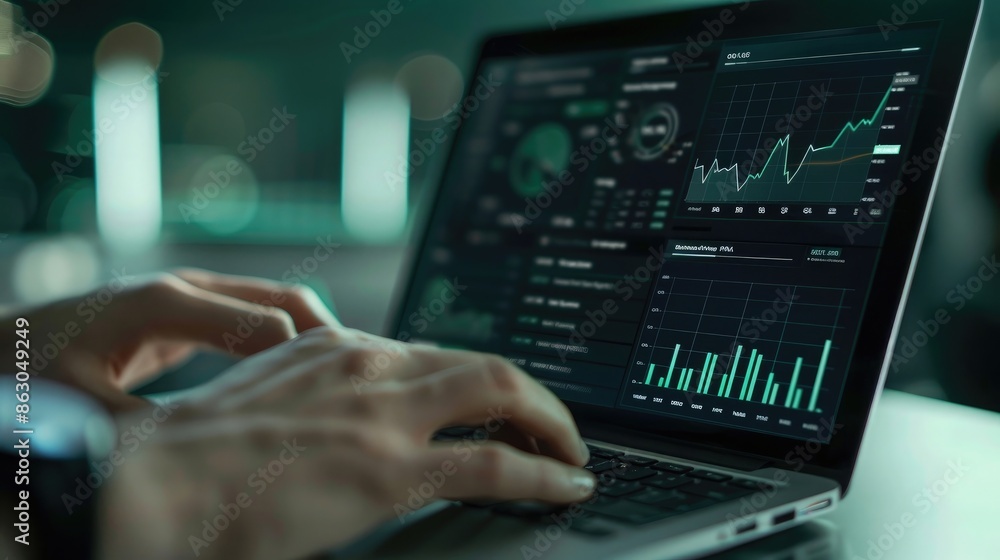 A close up of hands typing on a laptop that displays a complex financial dashboard set against a background of deep green A close up of hands typing on a laptop that displays a complex financial dashboard set against a background of deep green