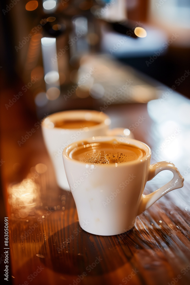Two cup of coffee on a wooden table with espresso machine blurred background. Generative AI. Two cup of coffee on a wooden table with espresso machine blurred background. Generative AI.