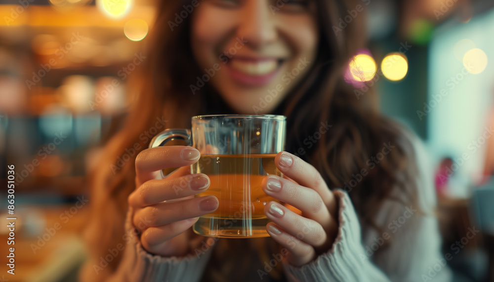 Smiling girl relaxing holding a transparent cup of tea on blurred background. Generative AI Smiling girl relaxing holding a transparent cup of tea on blurred background. Generative AI