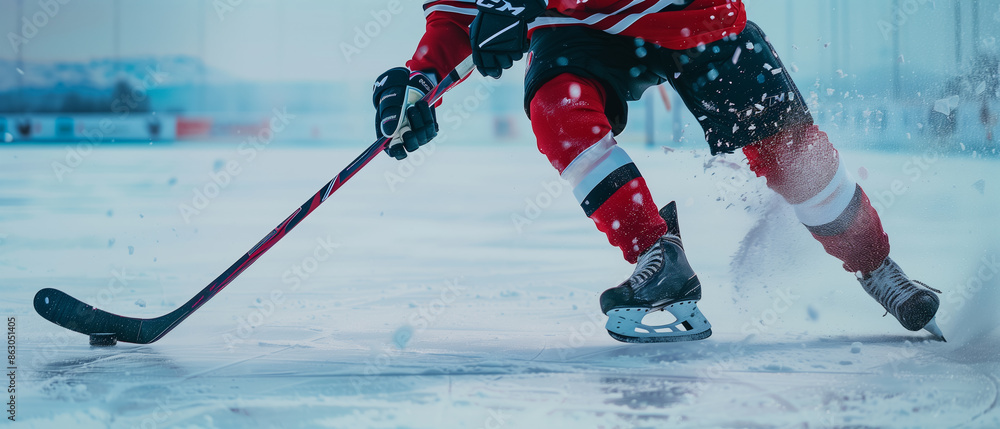 Obraz premium Cropped shot of hockey player running on ice in action shooting with stick. Wide view. Generative AI