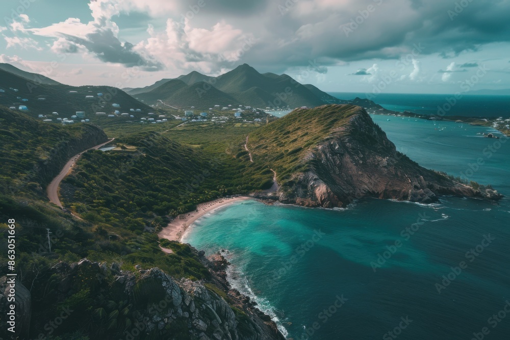 Caribbean Island: Panoramic View of Saint Maarten's Green Mountains and Lagoon Beach Caribbean Island: Panoramic View of Saint Maarten's Green Mountains and Lagoon Beach
