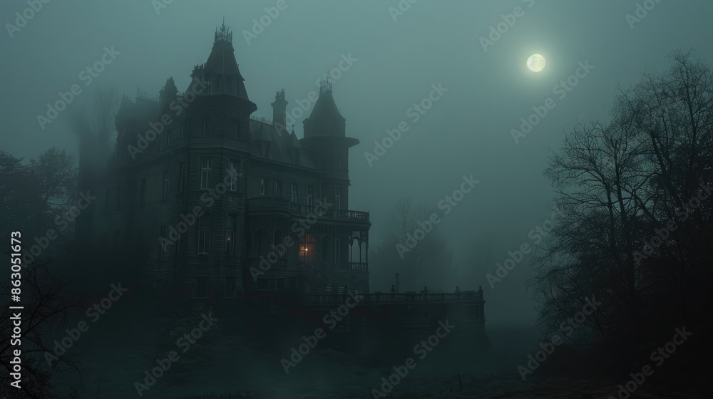 Haunted mansion under a full moon surrounded by eerie fog, perfect for Halloween themes and spooky horror settings. Haunted mansion under a full moon surrounded by eerie fog, perfect for Halloween themes and spooky horror settings.