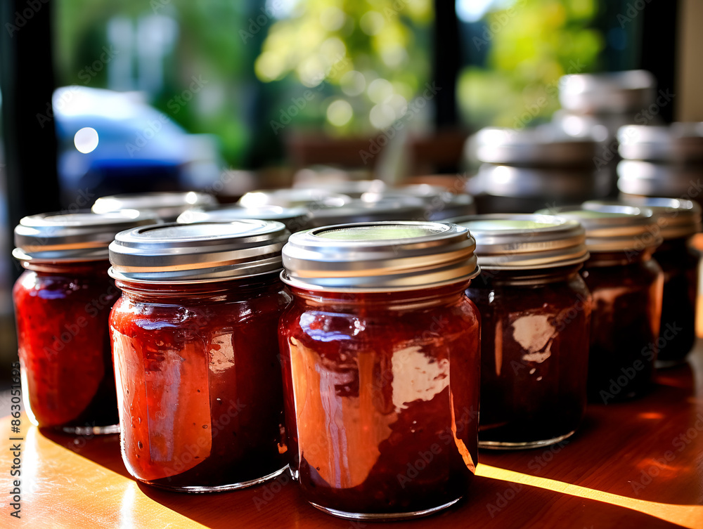 Homemade jam in glass jars on a wooden table. Selective focus. Homemade jam in glass jars on a wooden table. Selective focus.