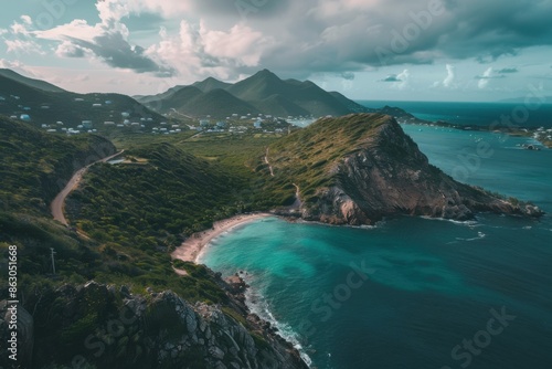 Caribbean Island: Panoramic View of Saint Maarten's Green Mountains and Lagoon Beach