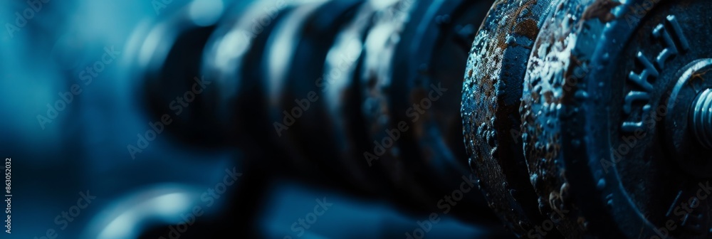A close-up shot of metal weight plates in a dimly lit gym setting. The blue-toned image highlights the textured surface of the weights A close-up shot of metal weight plates in a dimly lit gym setting. The blue-toned image highlights the textured surface of the weights