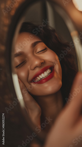 Reflection in a small mirror of the face of a young woman in red lipstick smiling. Generative AI.