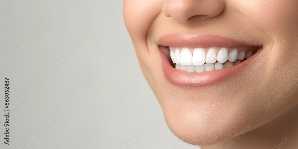 Fototapeta premium Close up of a beautiful woman's toothy smile on light background with copy space. Generative AI.
