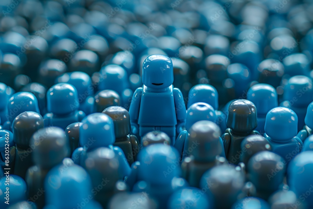 Unique Blue Figurine Standing Out in a Crowd of Similar Figures