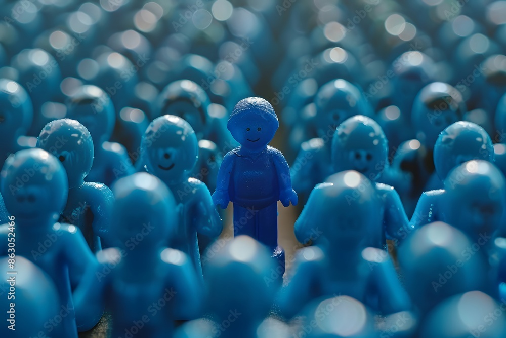 Fototapeta premium Unique Blue Figurine Standing Out in a Crowd of Identical Figures