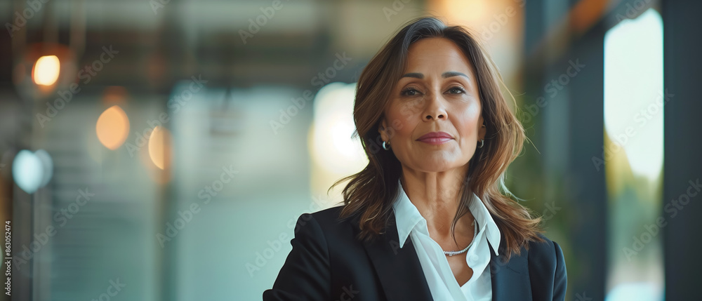 Confident mature businesswoman standing at office. Wide view and copy space. Generative AI. Confident mature businesswoman standing at office. Wide view and copy space. Generative AI.