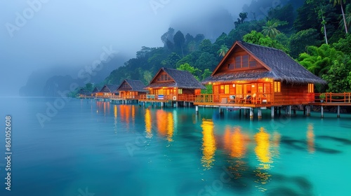 Wooden stilt houses in the foggy dawn, tranquil and mysterious, calm waters photo