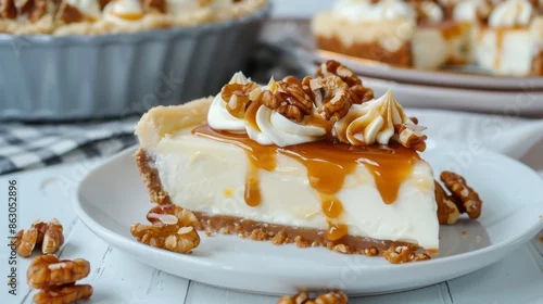 Obraz  z motywem Vanilla Cheesecake pie desserts with caramel and walnut topping in the fridge
