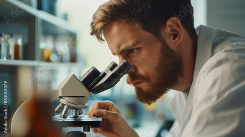 Um jovem caucasiano com barba examina amostras usando um microscópio em laboratório photo