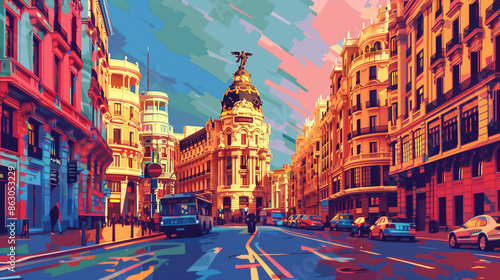 Beautiful realistic drawing of the cityscape of Madrid, Spain. Generative AI.