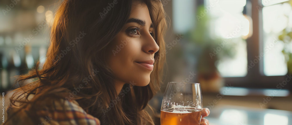 Latin woman having a drink at home at the dusk sitting near the window. Generative AI. Latin woman having a drink at home at the dusk sitting near the window. Generative AI.