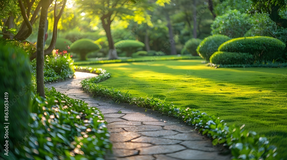 Obraz premium Serene Garden Pathway Bathed in Golden Sunlight
