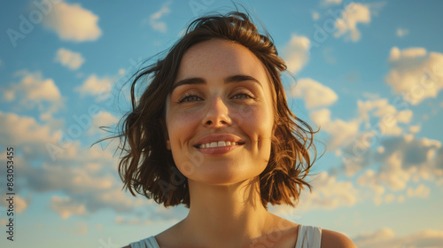 Closeup. Beautiful brown-haired woman smiling at the camera against blue sky. Generative ai