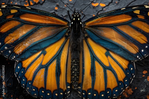 Close-Up of a Vibrant Monarch Butterfly on a Dark Surface © Valentin