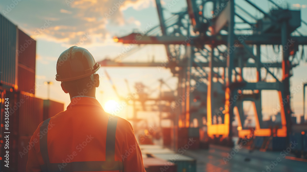 Engineer supervising a large-scale unfinished construction project at sunset. Generative AI. Engineer supervising a large-scale unfinished construction project at sunset. Generative AI.