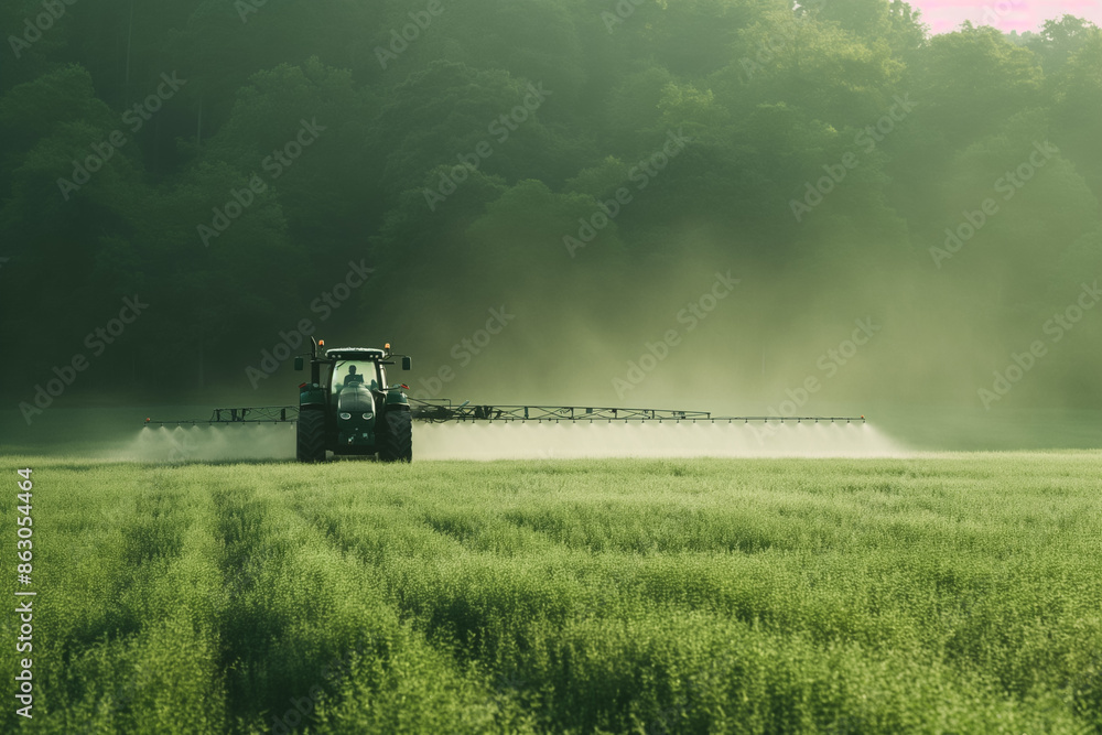 Fototapeta premium Closeup of agricultural tractor plowing and spraying on green field. Generative AI.