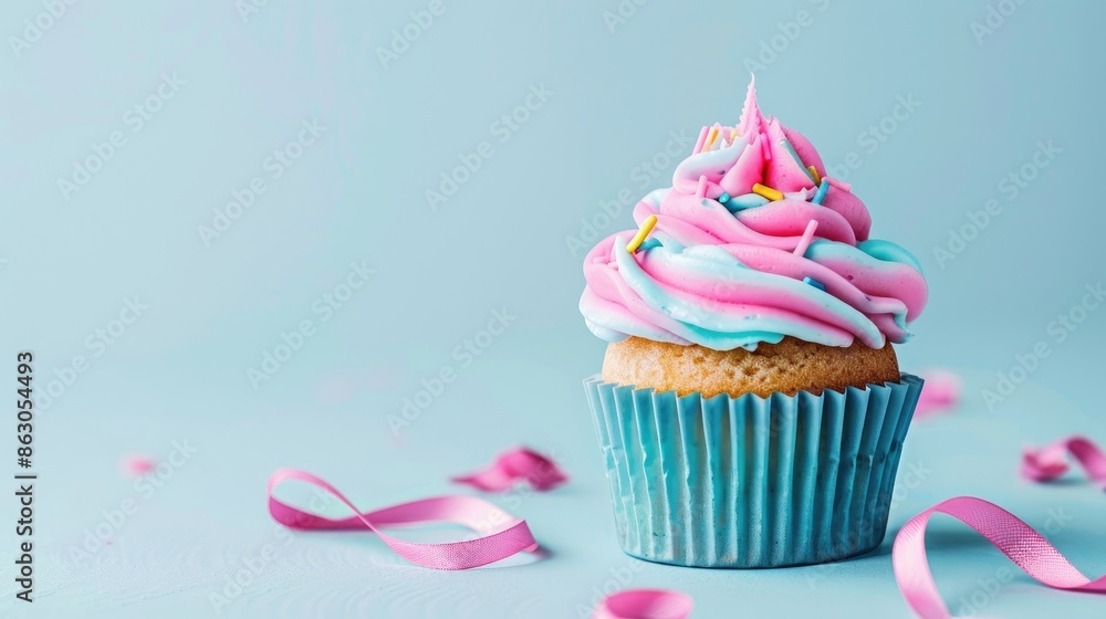 Tasty cupcake with vibrant frosting and ribbon on pale blue backdrop Tasty cupcake with vibrant frosting and ribbon on pale blue backdrop