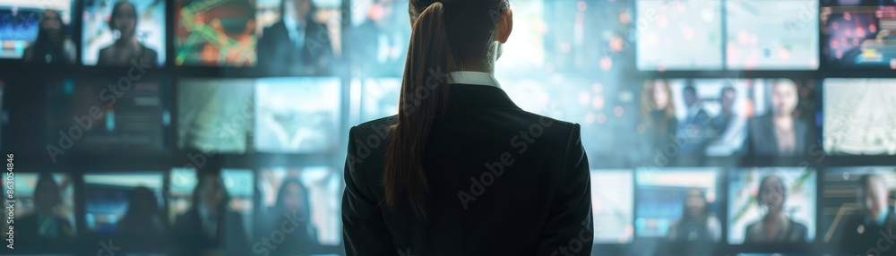 Female CEO in black suit, torso view, on call with international partners, virtual meeting backdrop, depicting global business connections, futuristic tone, colored pastel Female CEO in black suit, torso view, on call with international partners, virtual meeting backdrop, depicting global business connections, futuristic tone, colored pastel