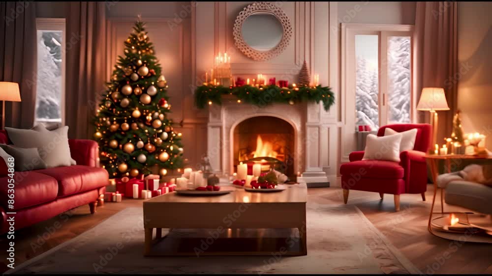 Christmas tree with colorful garland in large modern living room with a holiday decor and fireplace. Christmas tree with colorful garland in large modern living room with a holiday decor and fireplace.