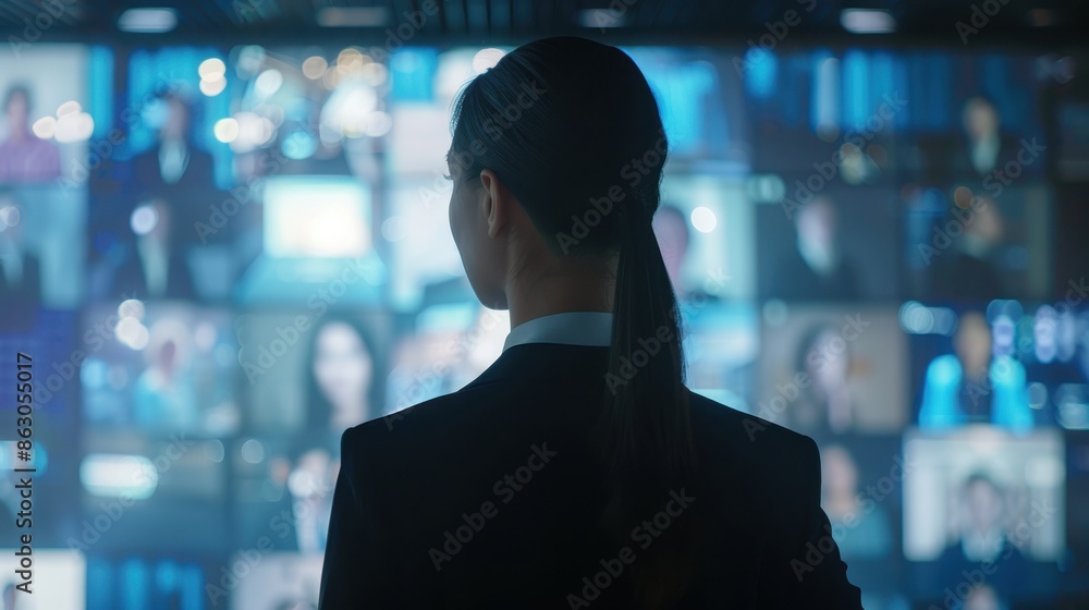 Female CEO in black suit, torso view, on call with international partners, virtual meeting backdrop, depicting global business connections, futuristic tone, colored pastel Female CEO in black suit, torso view, on call with international partners, virtual meeting backdrop, depicting global business connections, futuristic tone, colored pastel
