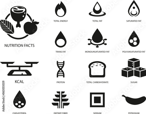 Nutrition information icons in a dark silhouette style suitable for formal nutritional content. Symbols of food products containing common nutrients.