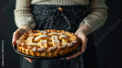 Woman holding plate with delicious apple pie on black background