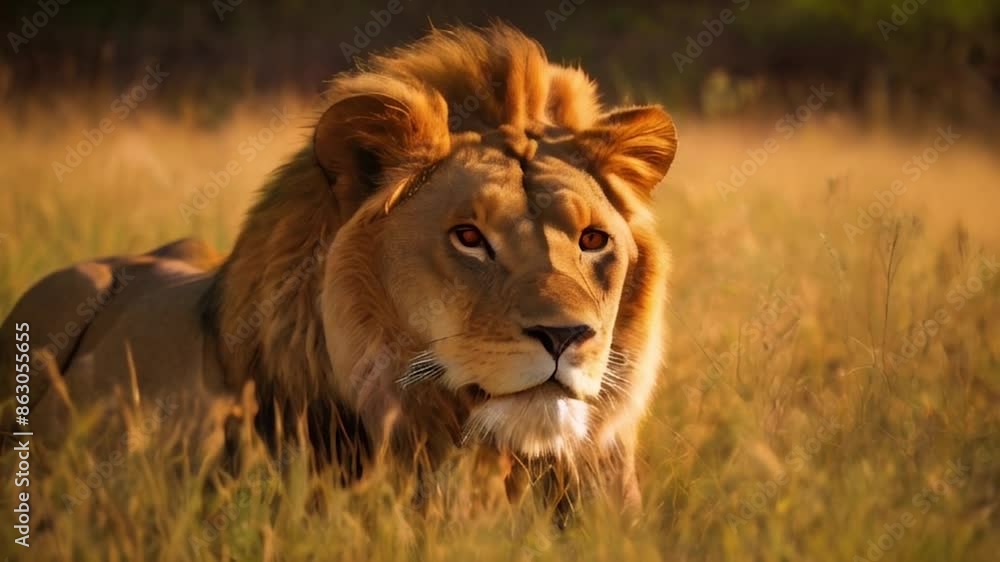 A African lion with a large, flowing mane stands tall in the grass A African lion with a large, flowing mane stands tall in the grass