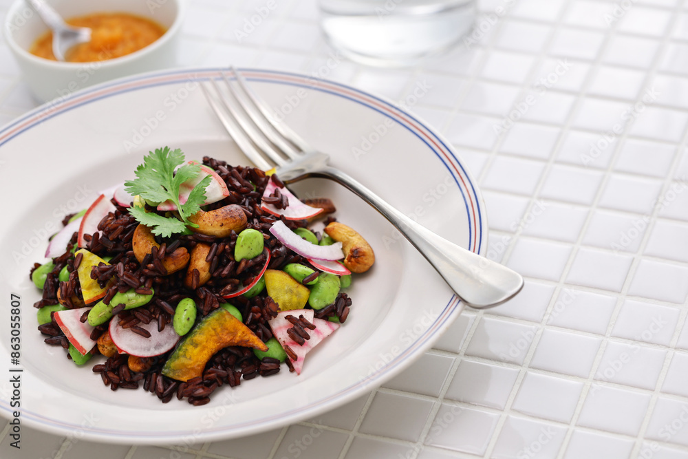black purple rice (Thai riceberry) salad, vegan cuisine black purple rice (Thai riceberry) salad, vegan cuisine