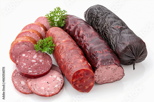 Assortment of german homemade sausage specialties: hard cured salami, liver sausage (Leberwurst), blood sausage (Blutwurst) and salami, isolated on white