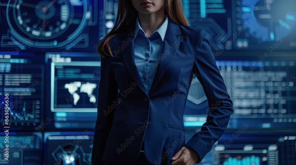Fototapeta premium Female CEO in navy blue suit, torso view, firewall interface backdrop, futuristic city setting, highlighting network protection, advanced tone, Tetradic color scheme