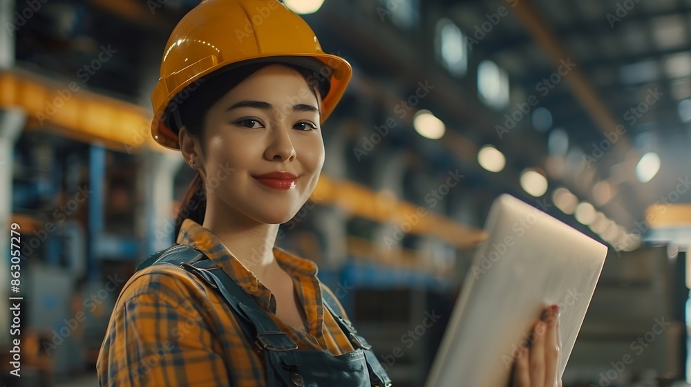Close up smiling face of engineer manager leader woman wearing helmet holding laptop looking at camera at manufacturing factory : Generative AI Close up smiling face of engineer manager leader woman wearing helmet holding laptop looking at camera at manufacturing factory : Generative AI