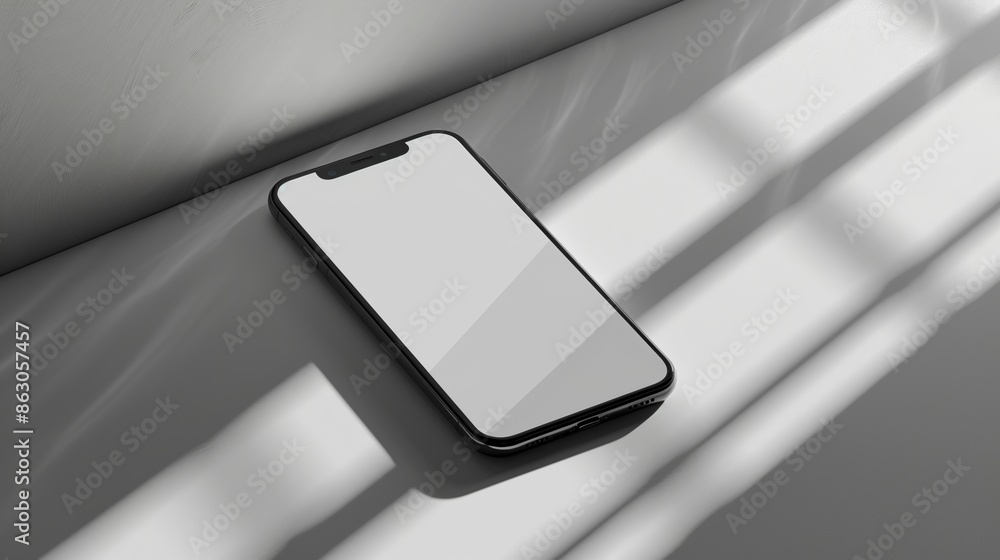 Mobile phone with an empty display, white background and shadows