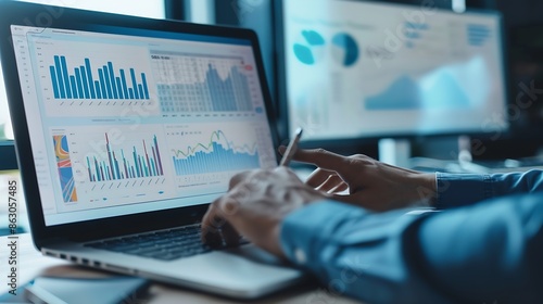Business intelligence and data analysis concept Analyst team working on financial data analysis dashboard on laptop screen as marketing indication for effective business strategic plan : Generative AI